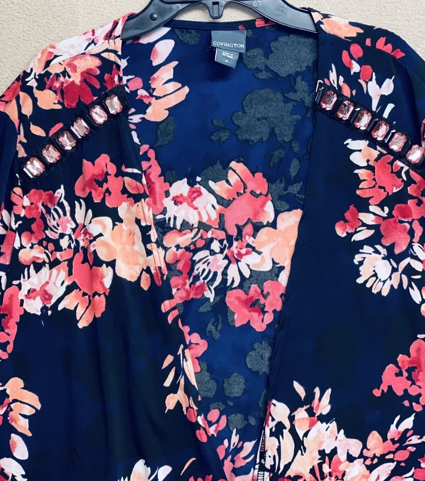 Cárdigan corto Covington frente abierto cubierta talla 14 cuentas floral manga 3/4 Foto 3 de 4