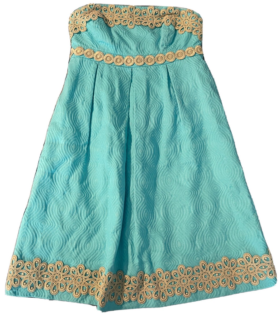 LILLY PULITZER TURQUOISE AQUA COTTON STRAPLESS DRESS SIZE 0 GOLD TRIM LINED EUC