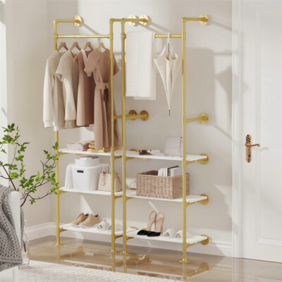 Heavy Duty Industrial Pipe Clothes Rack Gold Open Wardrobe Showroom Garment Rack