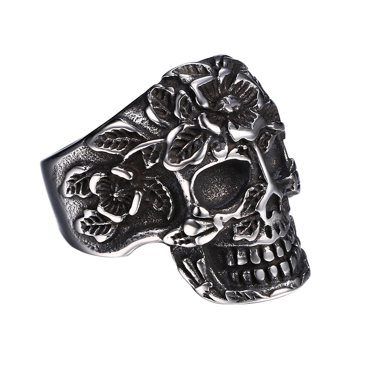 Hip Hop Men Rose Flower Skull Ring Band Stainless Steel #8-13 Gothic Biker