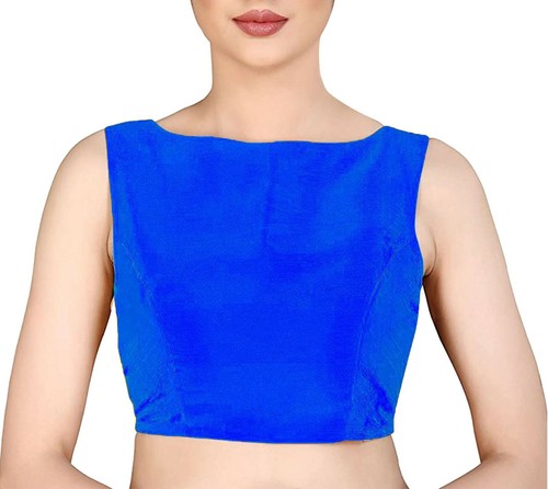 Women Dupion Silk Blouse Boat Neck Sleeveless Handmade Designer Choli Crop Top - Picture 33 of 44