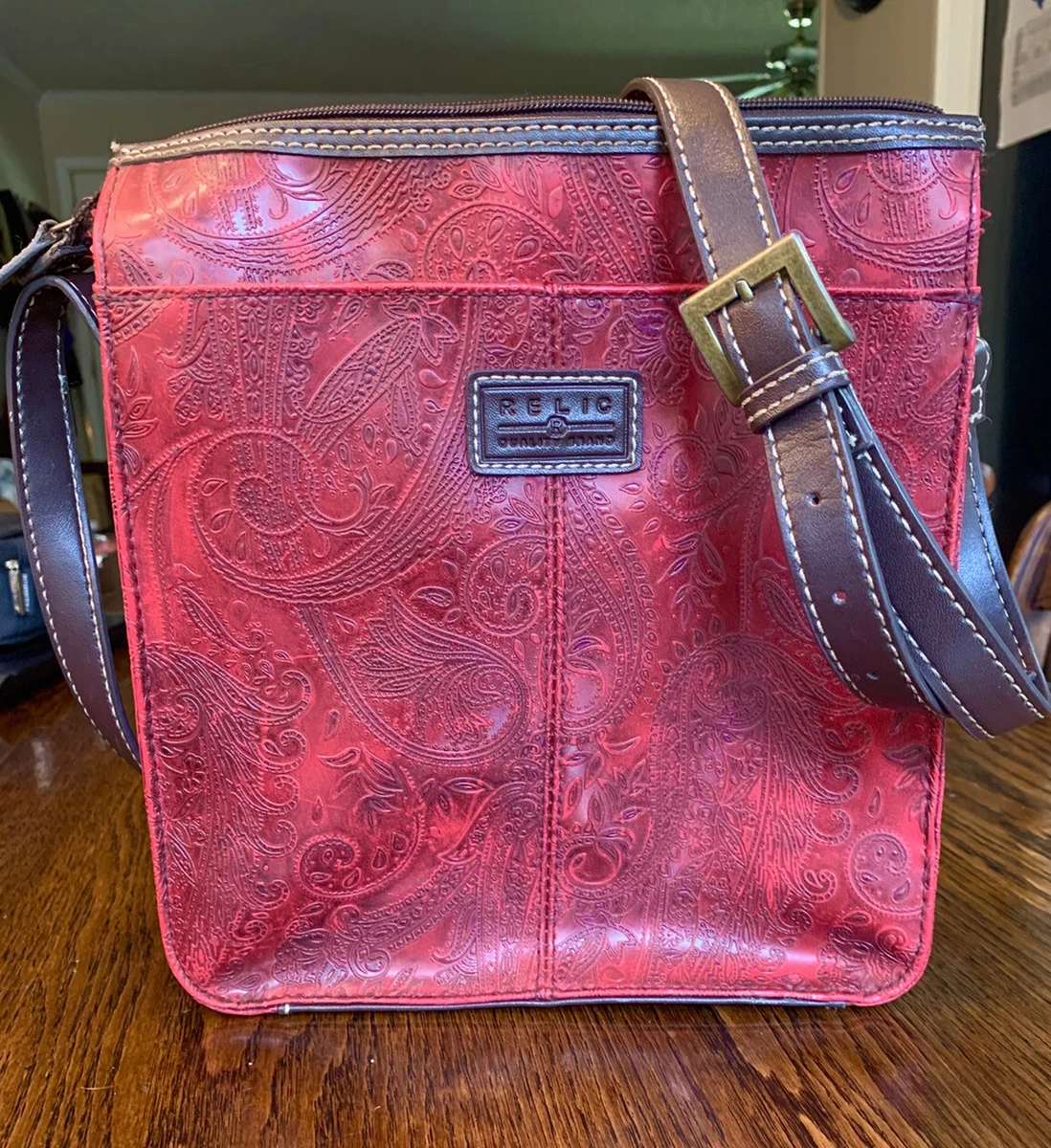 Relic Crossbody Purse Red Paisley Faux Leather Adjustable Preowned