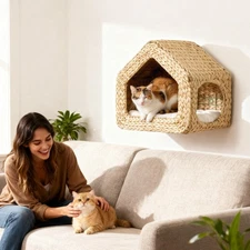 PawHut Wall Mounted Cat House, Cat Wall Furniture with Washable Cushion