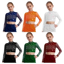 Girls Costume Mock Neck Crop Top Sparkly Lyrical Dance Shiny Gymnastics Shirt