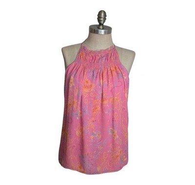 Ramy Brook Pink Paisley Harlie Smocked Halter Tank Top - Medium