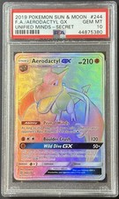 Aerodactyl GX Pokemon Unified Minds Rainbow Secret Rare Card - 244/236 PSA 10