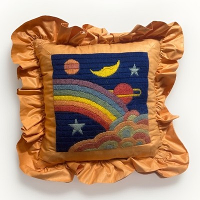 Vintage Handmade 1970-1990s Embroidered Rainbow Celestial Space Silk ThrowPillow