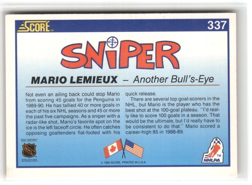 1990-91 Score Canadian Mario Lemieux Pittsburgh Penguins #337 - Afbeelding 2 van 2