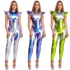 Women Jumpsuit Wetlook Bodysuit Metallic Unitard Neck Costume World Catsuit For
