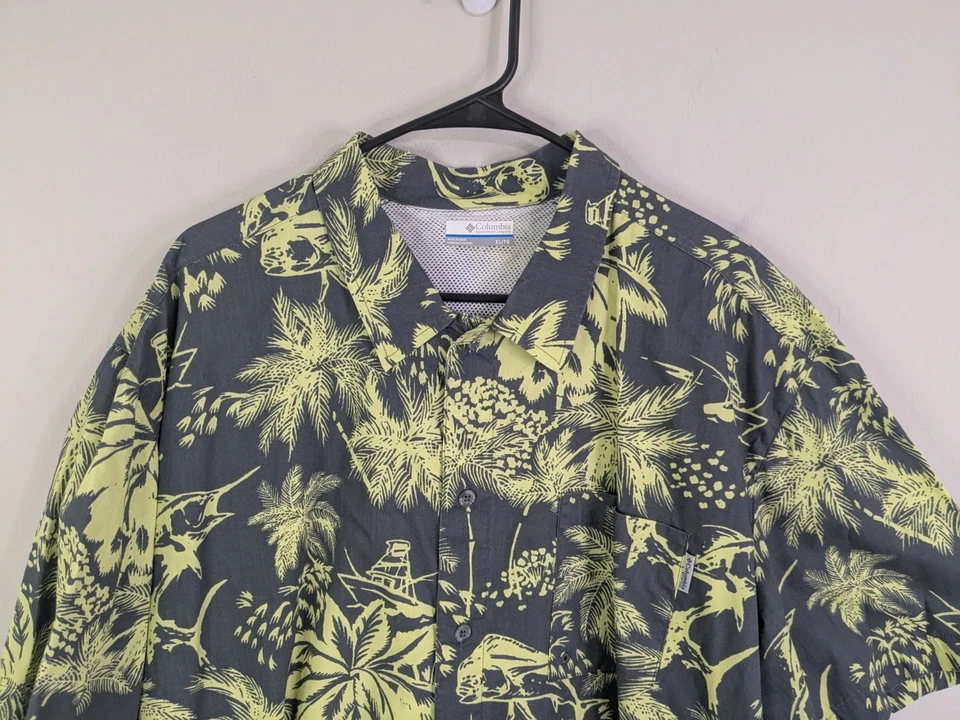 Camisa Columbia Para Hombre Extra Grande Gris Abotonada Manga Corta Floral Pesca Foto 2 de 4