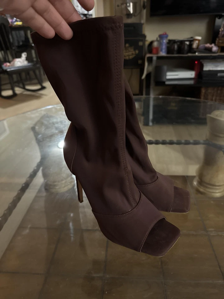 Botas Pazzle Mujer Talla 7.5 Marrón Punta abierta Tacón de aguja Calcetín Botines Zapatos Foto 3 de 4