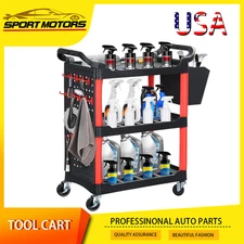 3 Tier Rolling Detailing Cart Car Organizer Utility Trolley with Hooks & Bucket