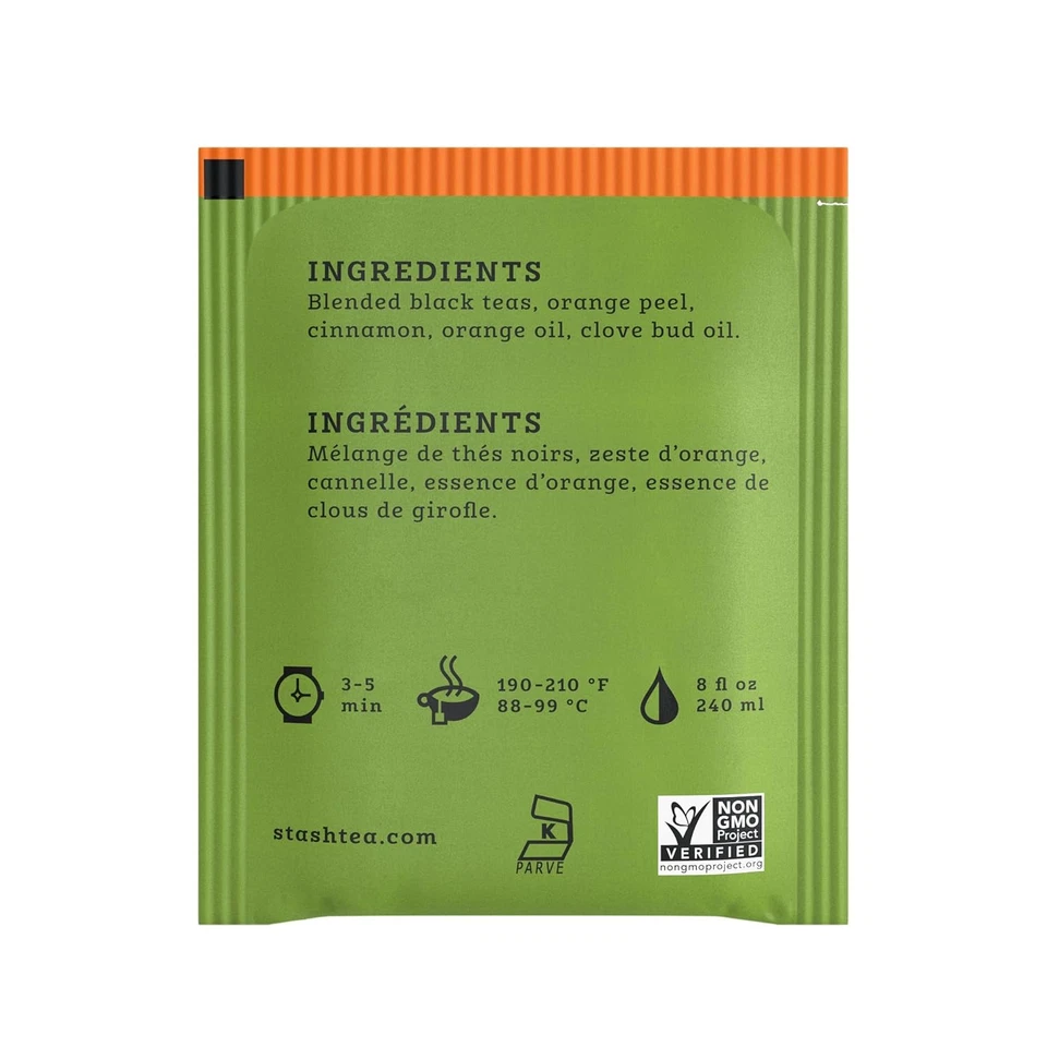 Stash Tea Naranja Especias Té Negro, Caja de 100 Bolsas de Té en Lámina (Embalaje Puede Var Foto 3 de 4