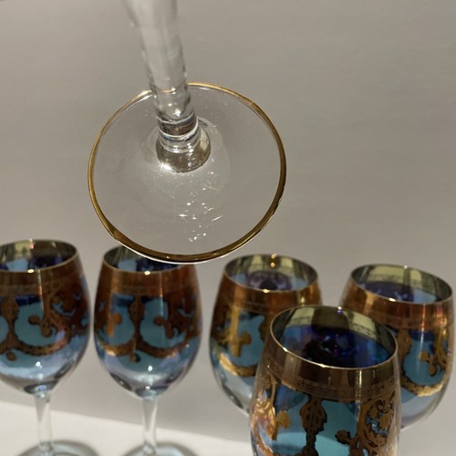 Rare! Set Of 6! MCM Murano Italian Blue W Gold Accents Wine Glasses - Picture 14 of 15