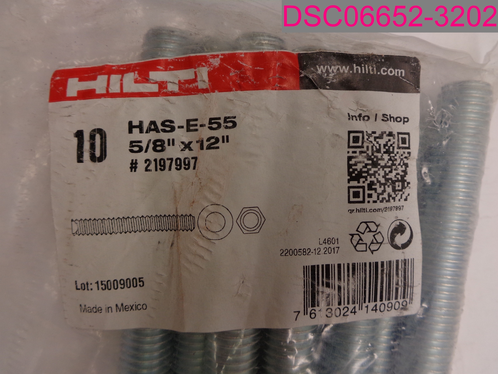 10 Pack; Hilti HASE55 Anchor Rod 5/8" x 12" Threaded Steel Rods