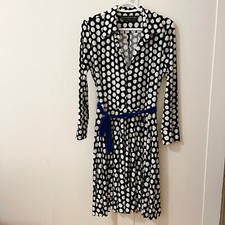 KAMALIKULTURE Black White Belted Polka Dot Print Long Sleeve Collared Dress Sz M