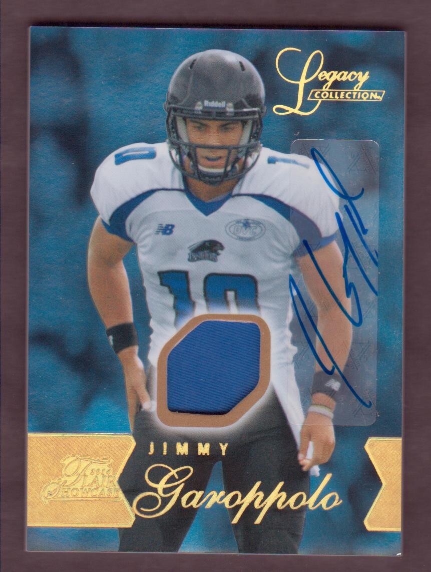 Maglietta auto Jimmy Garoppolo RC indossata #'d RAIDERS 2014 UD Fleer SHOWCASE fila oro 1