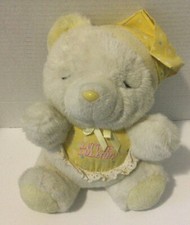 VINTAGE Wind Up White Bear Stuffed Plush Animal With Bib Little Lullaby Works