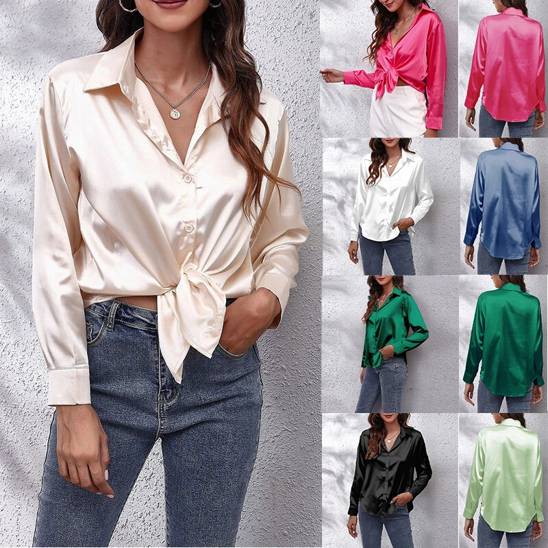 Chemise À Manches Longues En Satin De Soie Pour Femme - Chemisier Boutonné / - Photo 2/4