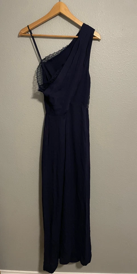 Reiss Womens Jumpsuit Size US 10 Navy Viscose Wide Leg Strap Lace Trim Pleated - Image 2 of 4