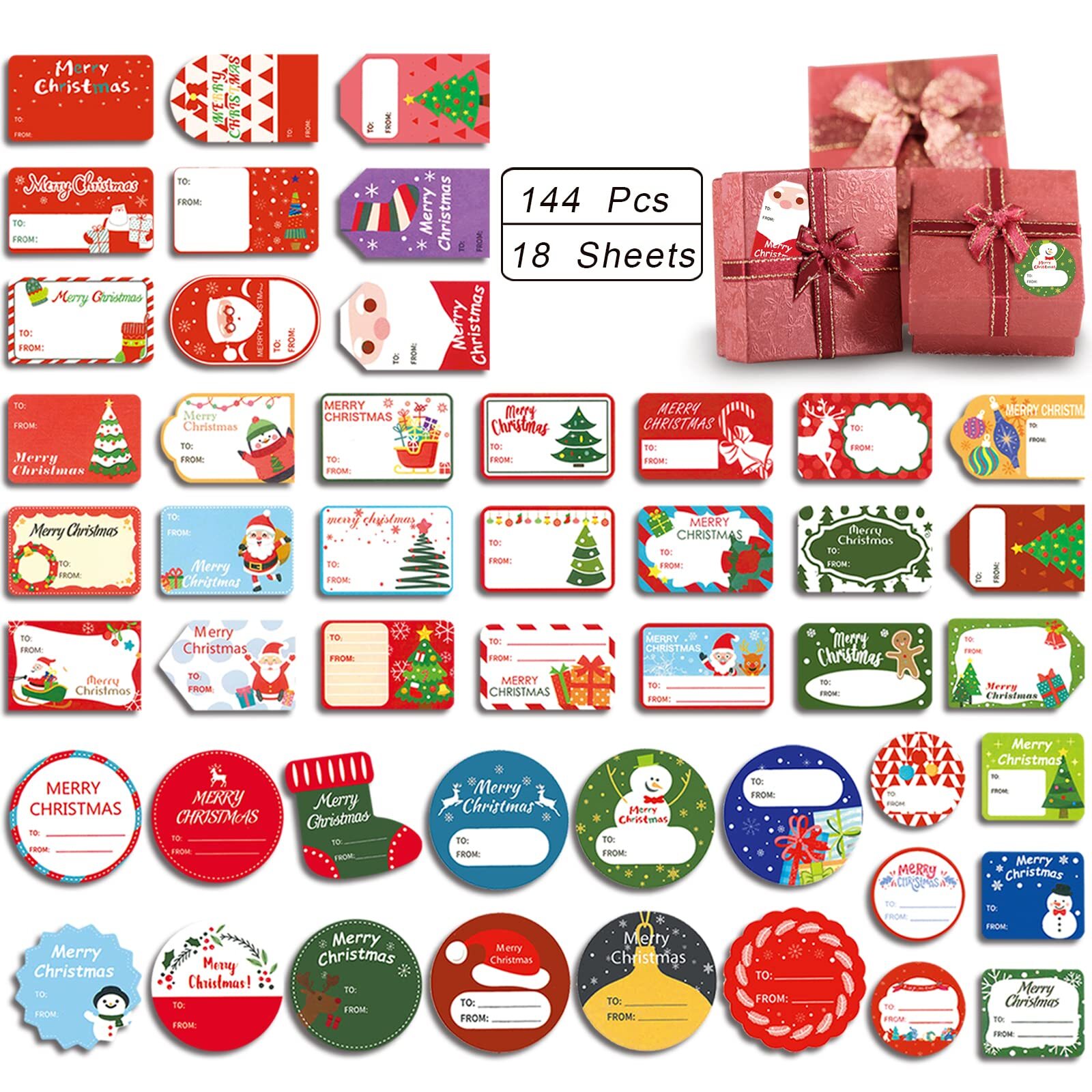144 Pcs Christmas Gift Tags Christmas Self Adhesive Gift Tag Stickers Holiday...