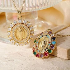 Gold Plated CS Zirconia Guadalupe Virgin Mary Necklace Pendant Multicolor N61