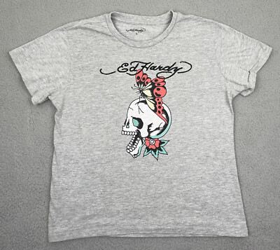 Ed Hardy Womens Shirt Size Large Gray Casual Skull Butterfly