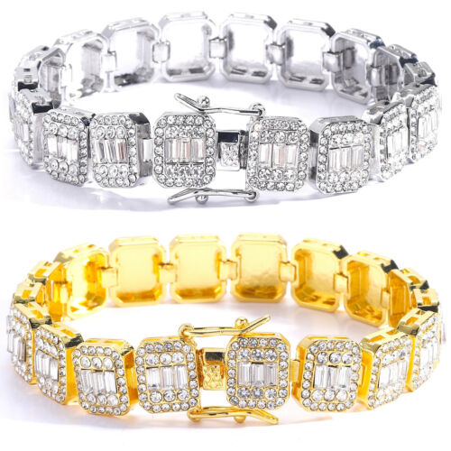 Men's Hip Hop 14k Gold Plated Baguette & Round Cubic Zirconia Bracelet - Afbeelding 1 van 17