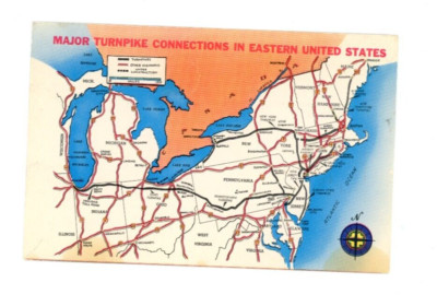 Postcard Chrome era Major Turnpike Connections map in Eastern USA