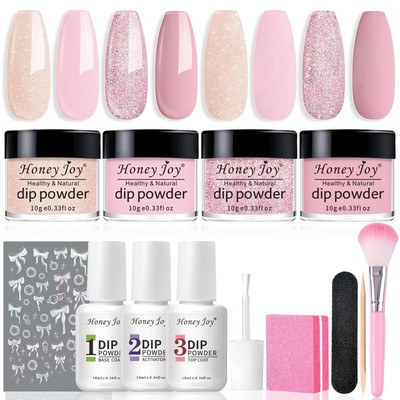 Honey Joy Dip Powder Nail Kit Starter, 4 Colors Pink Glitter Nude Fine Dippin...