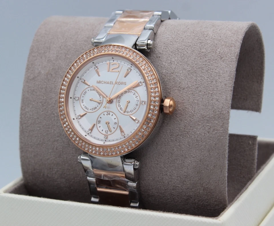 RELOJ PARA MUJER NUEVO AUTÉNTICO MICHAEL KORS PARKER CHRONO PLATA ORO ROSA MK6301 Foto 2 de 4