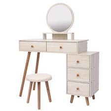 Makeup Vanity Table with Mirror Modern Dressing Table w/5 Large Drawers & Shelf