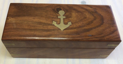 Nautical Themed Hinged Lidded Wood Box w/ Brass Anchor Inlay