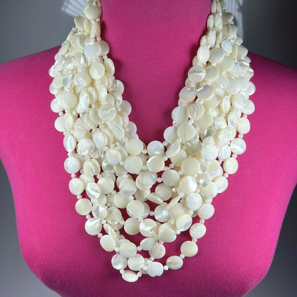 Large Statement Heidi Daus Mother of Pearl Bib Necklace White Clasp MOP
