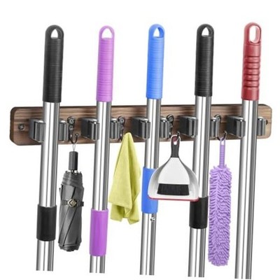 Broom Holder Wall Mount, Rustic Wood Broom Hanger with 5 Wooden-5 Slots Brown