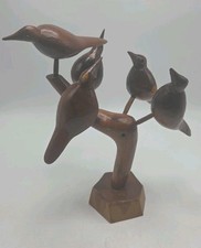 Vintage Folk Art Wood Carved Sculpture 5 Birds on a Tree MCM
