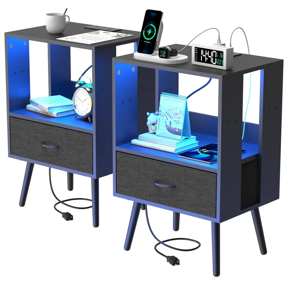 Pack de 2 Mesitas de Noche Modernas con Estación de Carga Luz LED y Cajones de Tela Foto 4 de 4