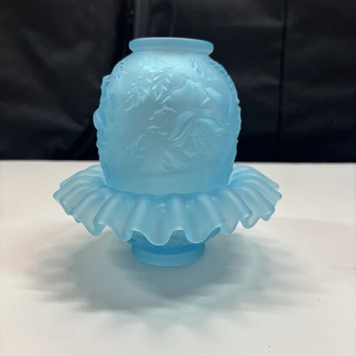 L.G. WRIGHT 3 Pc Embossed Roses Fairy Lamp Light Blue Satin Made By Fenton Vtg