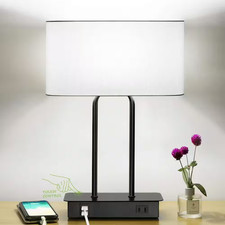 16 In. Table Lamp with Dual USB Charging Ports, 1 AC Outlet in Black