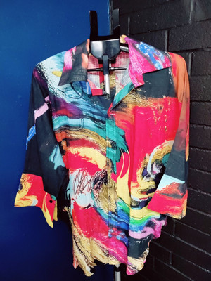Womens Dilemma New York Cotton Oversized Abstract Button Shirt Wearable Art Wave