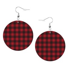 Faux Leather Earrings Red Black Plaid Round Dangle Earrings Jewelry For Women