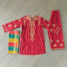 Pakistani Indian Women's 3-Piece Embroidered Kameez Salwar Dupatta, Large, Red