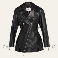 Women  s Longline Leather Biker Jacket, Slim Fit Black Motorcycle Zipper Coat