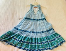 Oliphant Blue/Green Striped Halter Sleeveless Swing Dress M Cotton, lined.