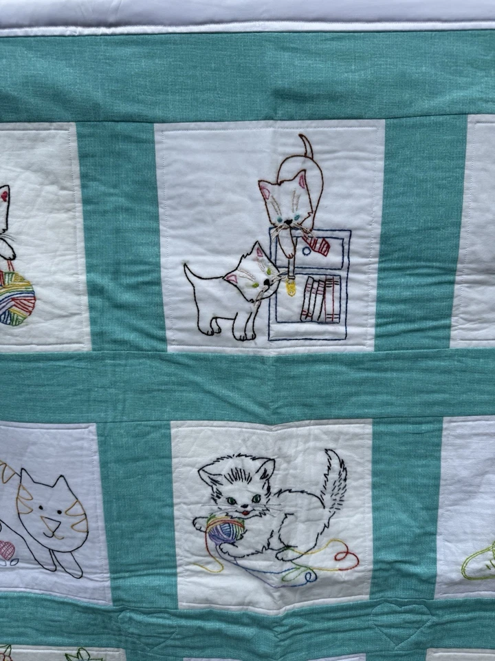 Blue Aqua Cats Kittens Handmade Quilt Baby Child Quilted Blanket 35x45 - Image 4 of 4