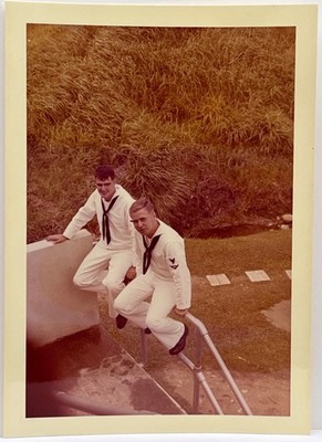 Looking Down on Two Navy Sailors in White Uniforms Vintage Snapshot Photo 1970s