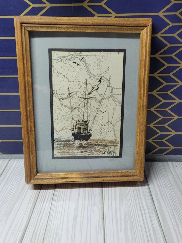 Barco Vallarta dibujo en mapa náutico firmado Washington de colección 1992 Foto 2 de 4