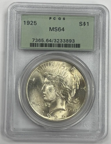 1925 US Silver $1 Peace Dollar PCGS MS64 Gen 2.3 Holder