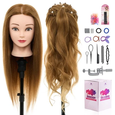 NEVERLAND BEAUTY & HEALTH 60cm Übungskopf Mannequin mit 60% Echthaar Friseur Trainingskopf Set Frisuren