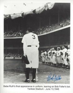 Bob Feller  autographed 8x10 of  Babe Ruth's last NYY Stadium appearance photo*